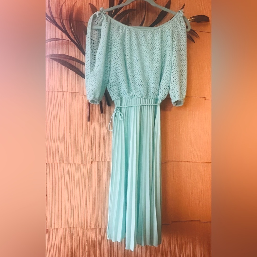 Vintage 60s 70s Retro Caped Aqua Satin Maxi Dress Hippie Boho Disco Size Small